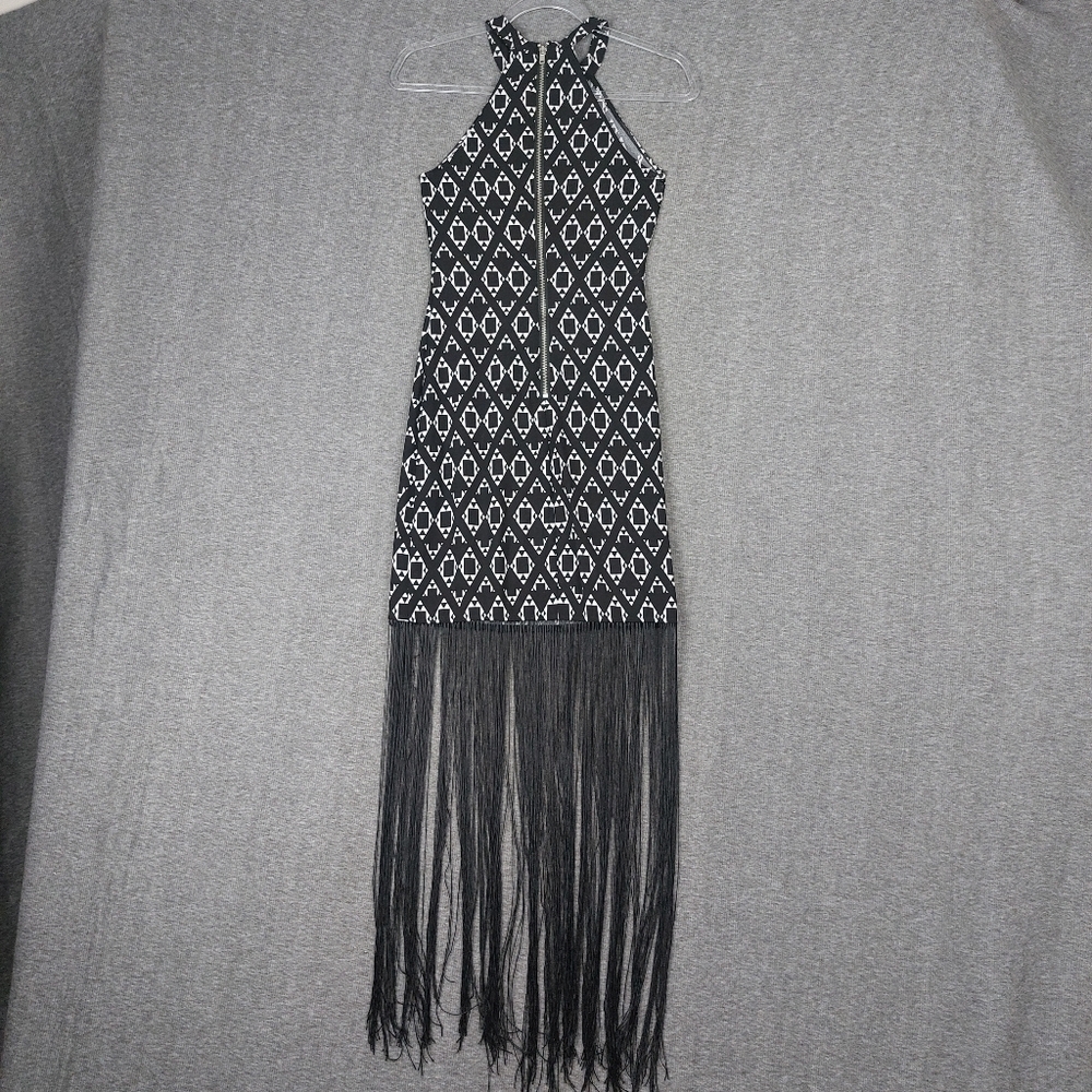H&M COACHELLA WOMENS BLACK WHITE GEOMETRIC LONG FRINGE FESTIVAL DRESS SIZE 2 - Picture 10 of 12
